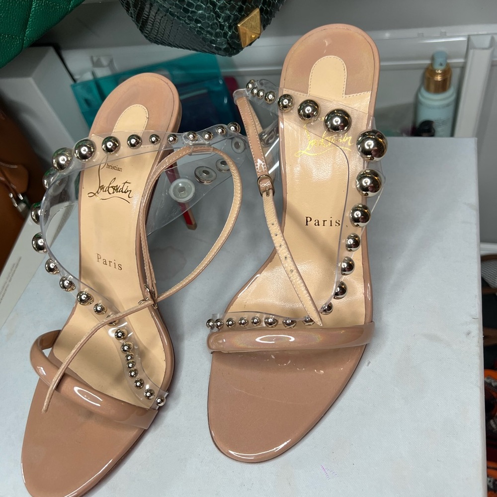Never Worn Christian Louboutin Nude Silver Studded Heels, Size 40